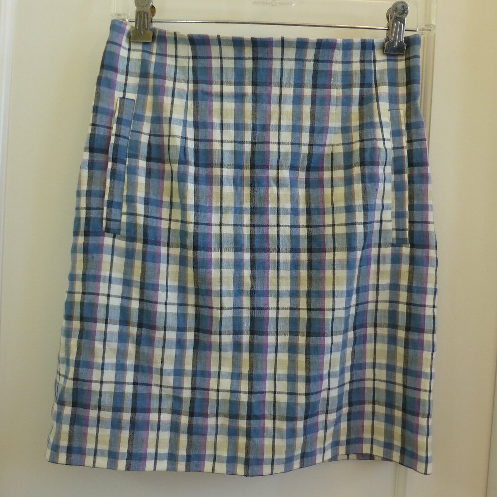 EUC Veronica Beard Blue Roman plaid lined skirt size 0 XS with pockets preppy